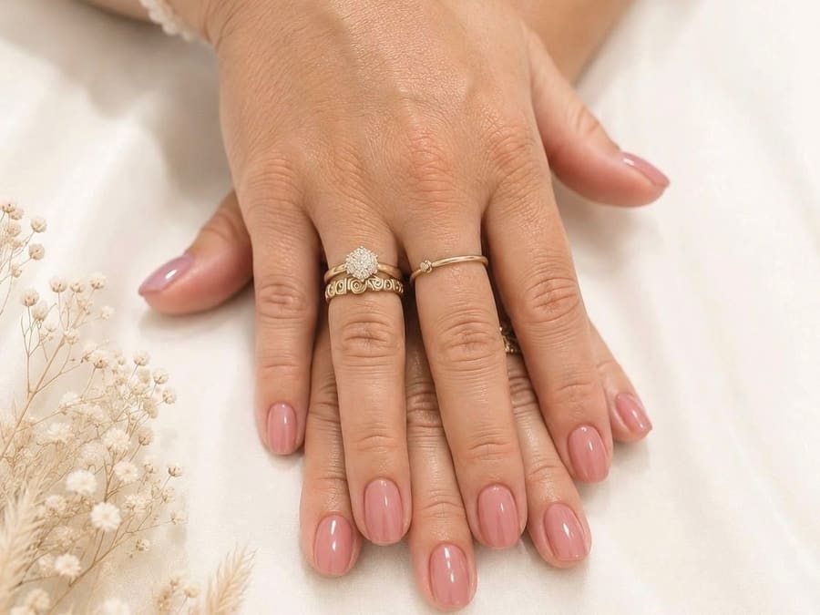 Deux mains posées sur un satin ivoire, ongles ovales en finition rosée brillante, réalisées au Studio Céleste